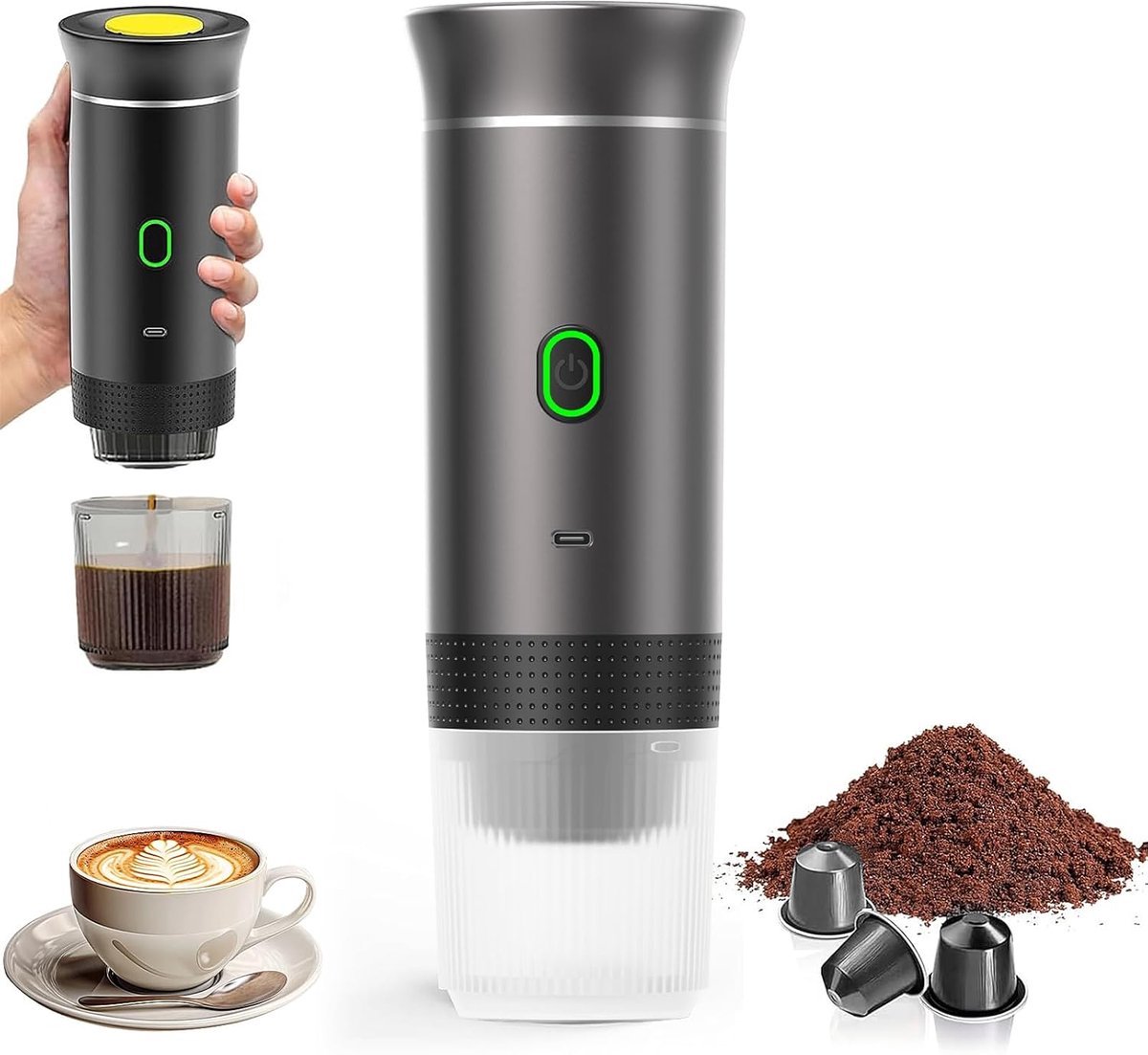 Beyahl - Draagbare Elektrische Espressomachine 3-in-1 - Zelfverwarmend Reis Koffiezetapparaat - Compatibel met Nespresso Capsules, Andere Capsules en Gemalen Koffie - USB Oplaadbaar - Grijs