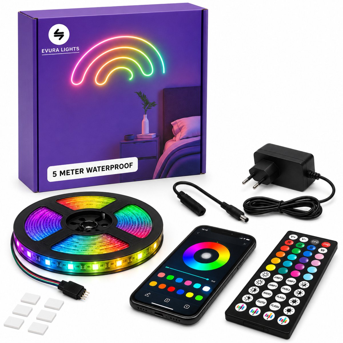 Evura Goods - Led strip 5 meter - Waterproof IP65 - RGB - afstandsbediening & telefoon app - waterdicht - dimbaar - buitenverlichting - timer en muziek modus -Led Lights -smart home verlichting - Binnenverlichting - tuinverlichting