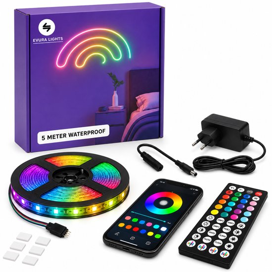 Evura Lights 5 meter waterdichte RGB ledstrip met adapter, app en afstandsbediening.