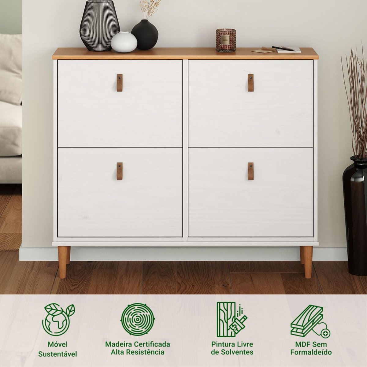 Schoenenkast 107 x 92 x 25 cm – Smalle schoenenopberger met 4 kleppen, lade en ruimte voor 24 paar schoenen – Wit/Eiken – Mobili Bella Mikka