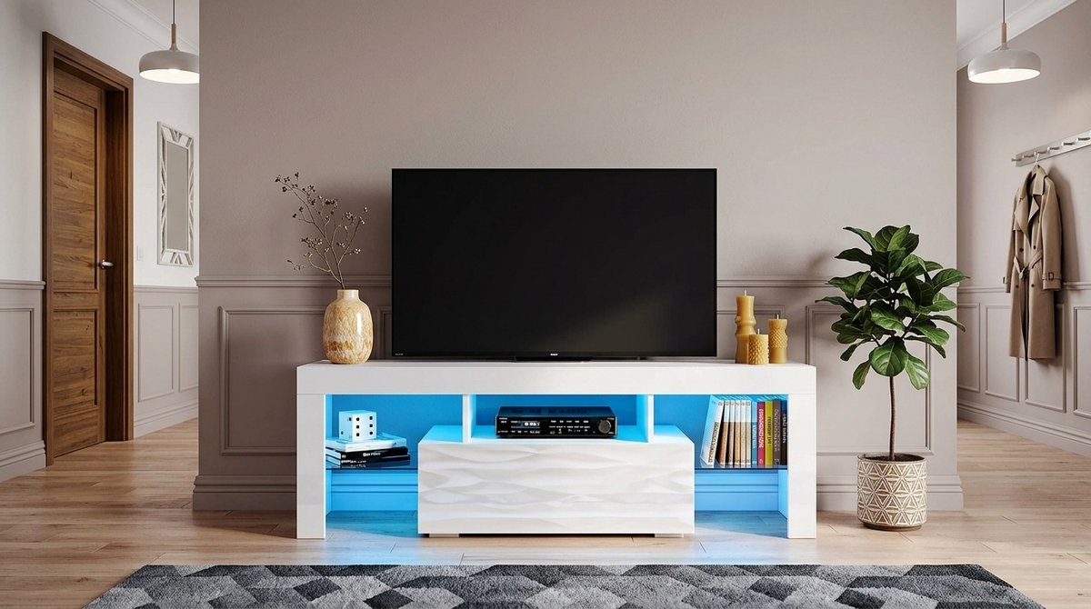 TV meubel 130 cm hoogglans wit met LED verlichting – House&Garden moderne TV kast greeploos design met 12 kleuren RGB, soft-close deuren, MDF lowboard televisiemeubel woonkamer – 130 x 35 x 45 cm