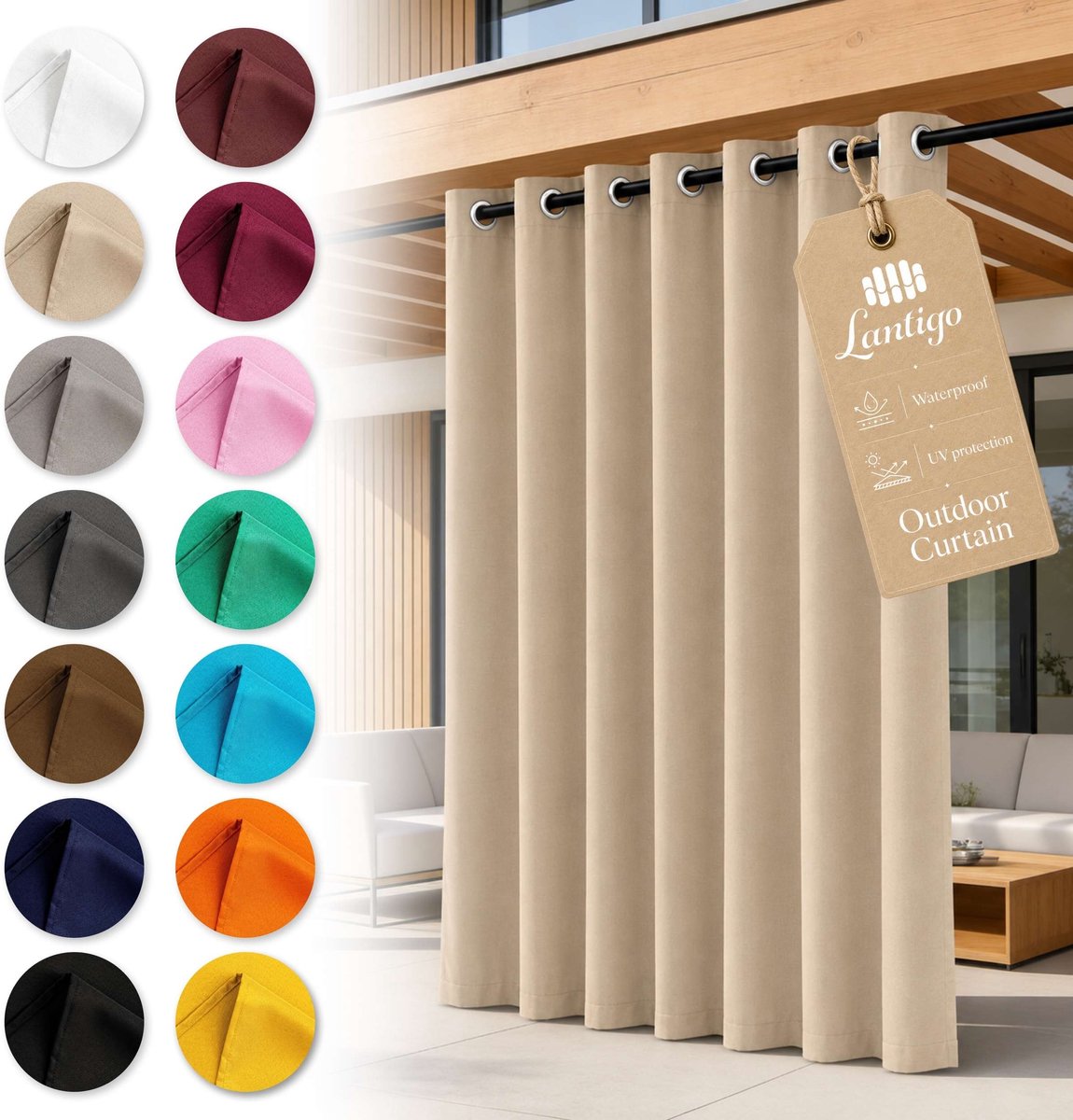 Lantigo Buitengordijn Beige 155x210 cm waterdicht UV-bestendig | Pergola overkapping priva