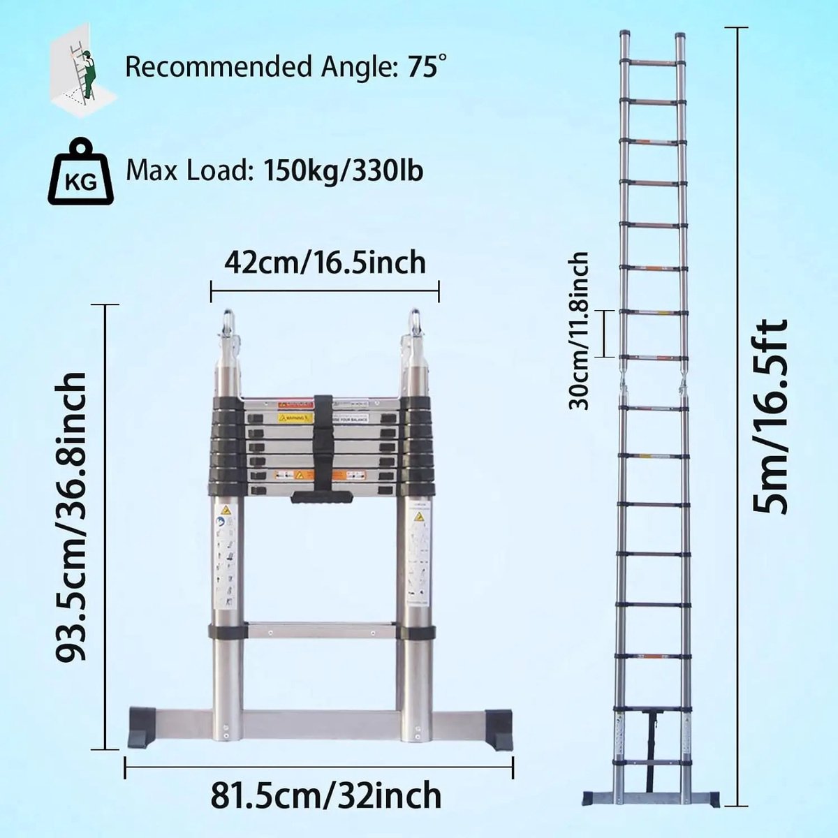 QJ Supply - Telescopische Ladder - Vouwladder - A-Frame - Uitschuifladder - RVS - Antislip - 150KG - Zilver – foto 3