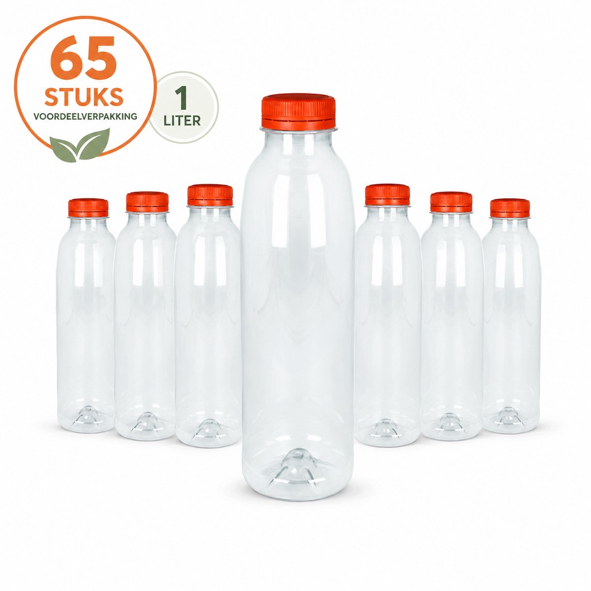 rPET Sapflessen 1 Liter met Oranje Vaste Dop – 65 Stuks – Transparante Flessen voor Sap, Smoothies en Koude Dranken – 1000 ml