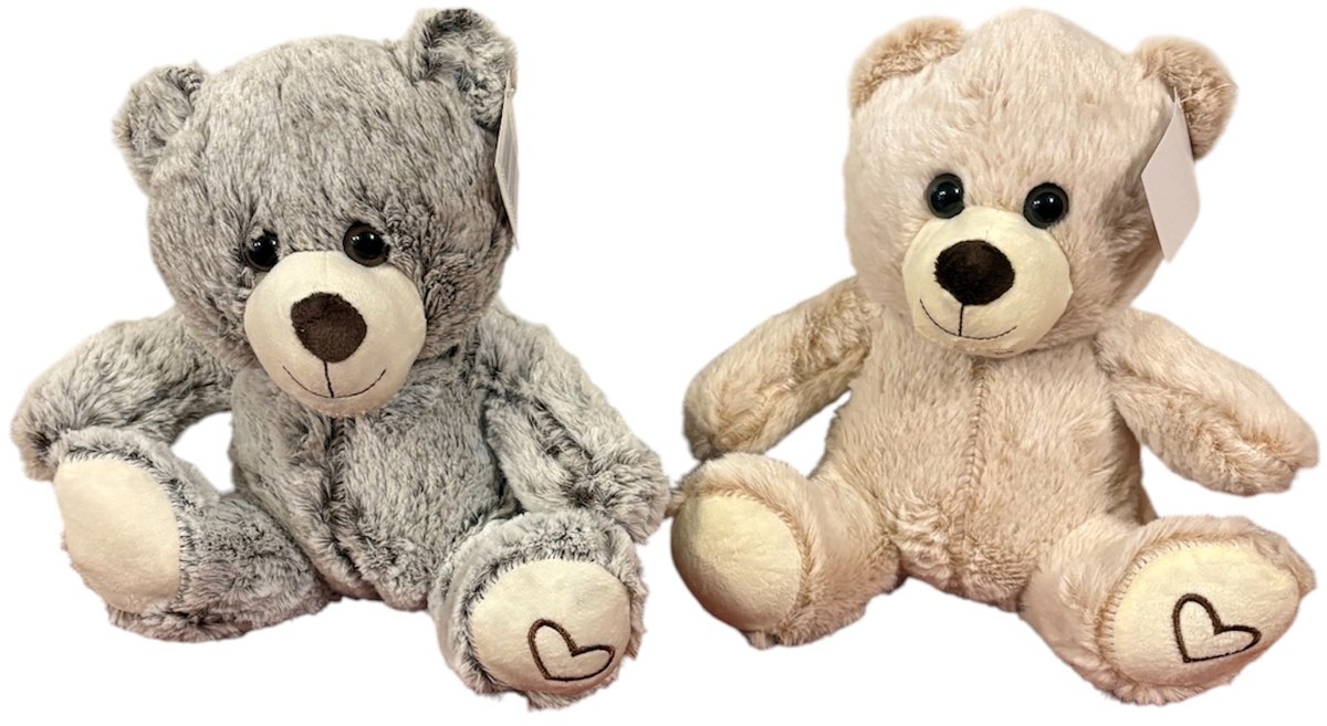 Set van 2 Teddy Beren knuffel van zachte pluche - met liefdes hartje - 23 cm - zittend - Valentijn/bruiloft/liefde knuffelbeer
