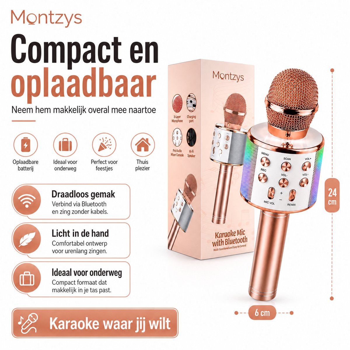 Montzys® Karaoke Microfoon Set - Bluetooth & Ingebouwde Speaker - Draadloos & LED - voor Kinderen & Volwassenen — cadeau in Gadgets - foto 8