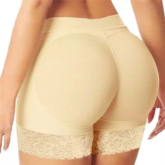 Beige butt lifter shorts met kanten rand en naad middenachter.