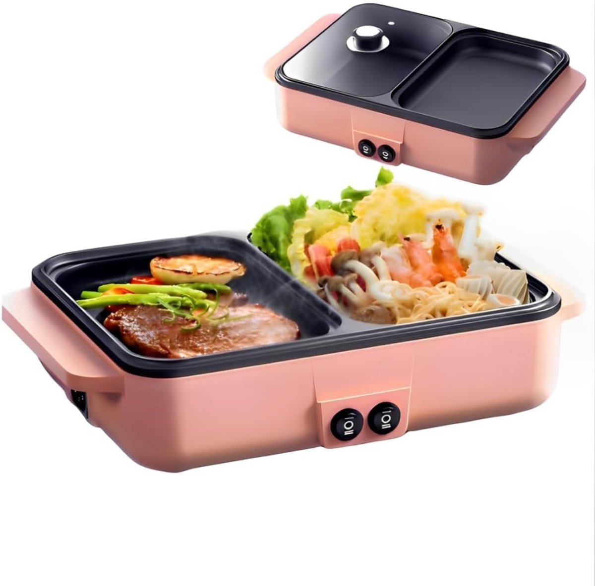QORA® Hotpot Pan - Hot Pot Pan Chinees - Hot Pot Pan 2 Vaks - Roze - 35cm x 22cm x 8cm