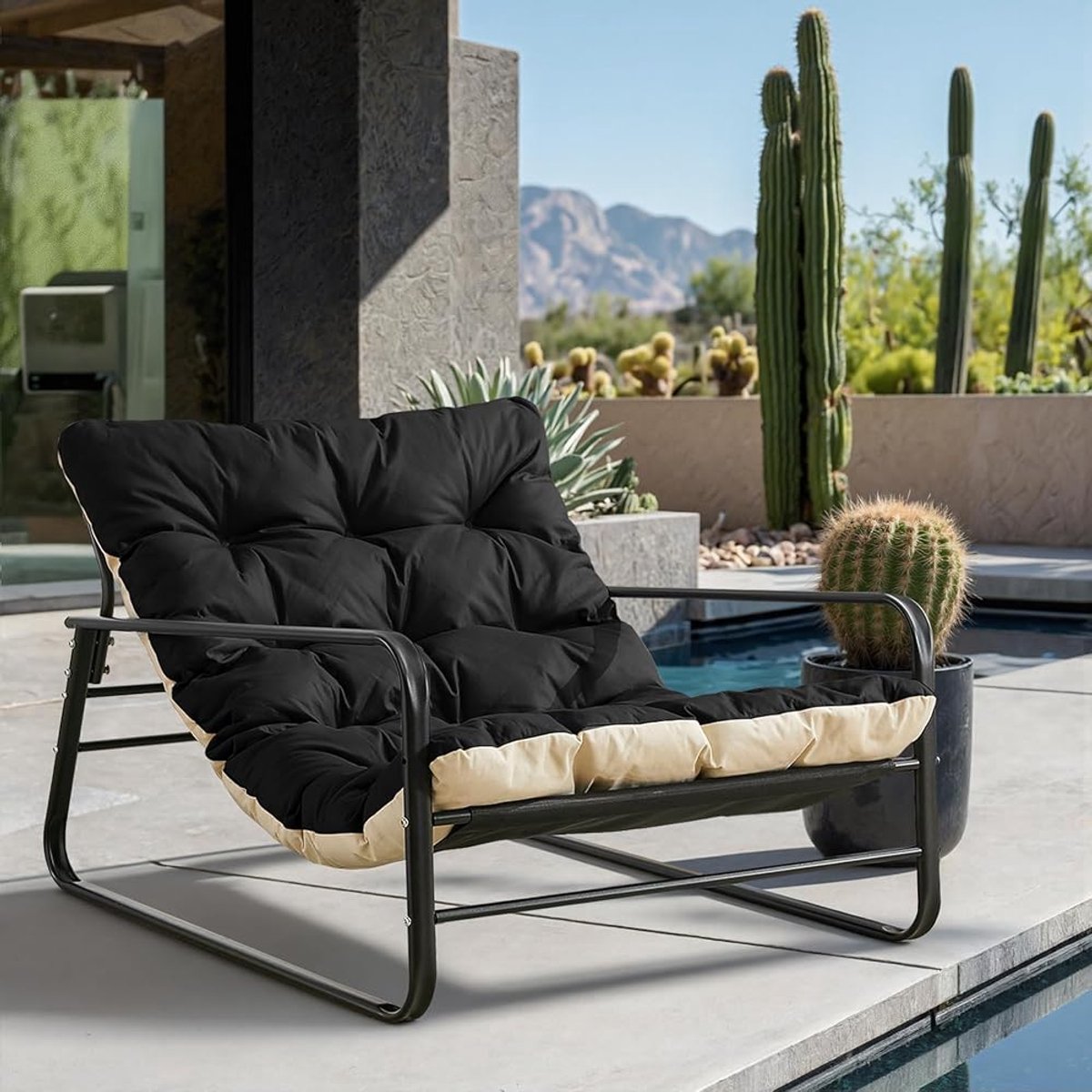 HomeMiYN Industriële 1-Zits Bank – Stalen Buis Frame Fauteuil – Comfortabele Solo Stoel in Zwart & Beige Design – Modern Lounge Meubel voor Woonkamer