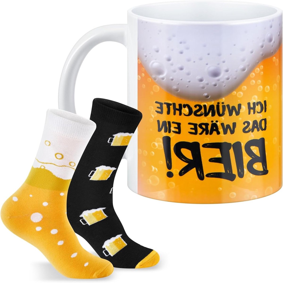 Grappige Bier Cadeauset voor Mannen met Porseleinen Mok, Sokken en Bierpatroon - Perfect voor Verjaardag, Vaderdag en Bierliefhebbers