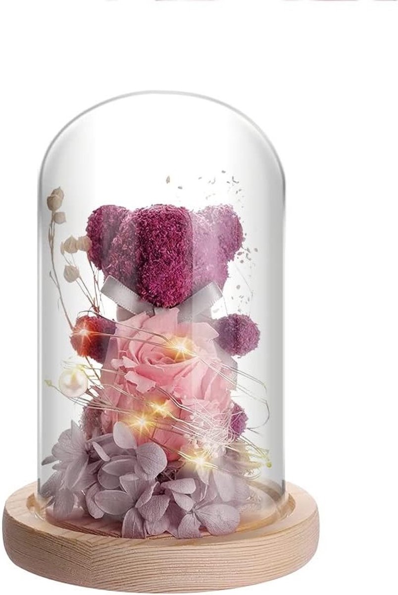 Eternal rozenbeer in glas met LED-verlichting en houten basis, perfect cadeau voor vrouwen, moeders, verjaardagen en speciale gelegenheden