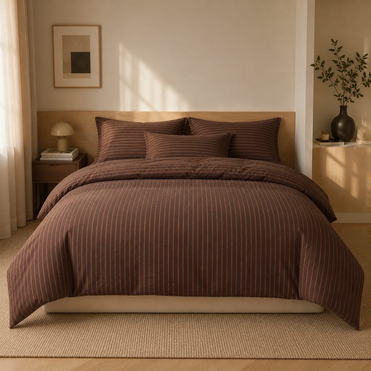 Beddengoedset 135x200 cm, 4-delig - Microvezel - Anti-allergeen - Bruin Gestreept - Met Ritssluiting - 2 Dekbedovertrekken & 2 Kussenslopen 80x80 cm
