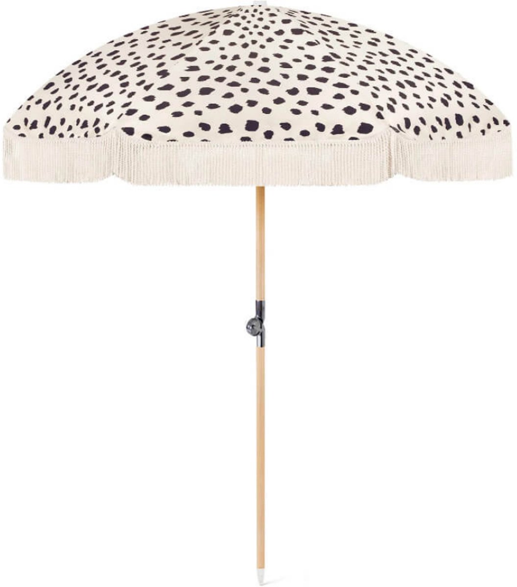 Parasol met franjes Ø180 cm beige met zwarte stipjes - kantelbaar - UV-beschermend - inclusief hoes