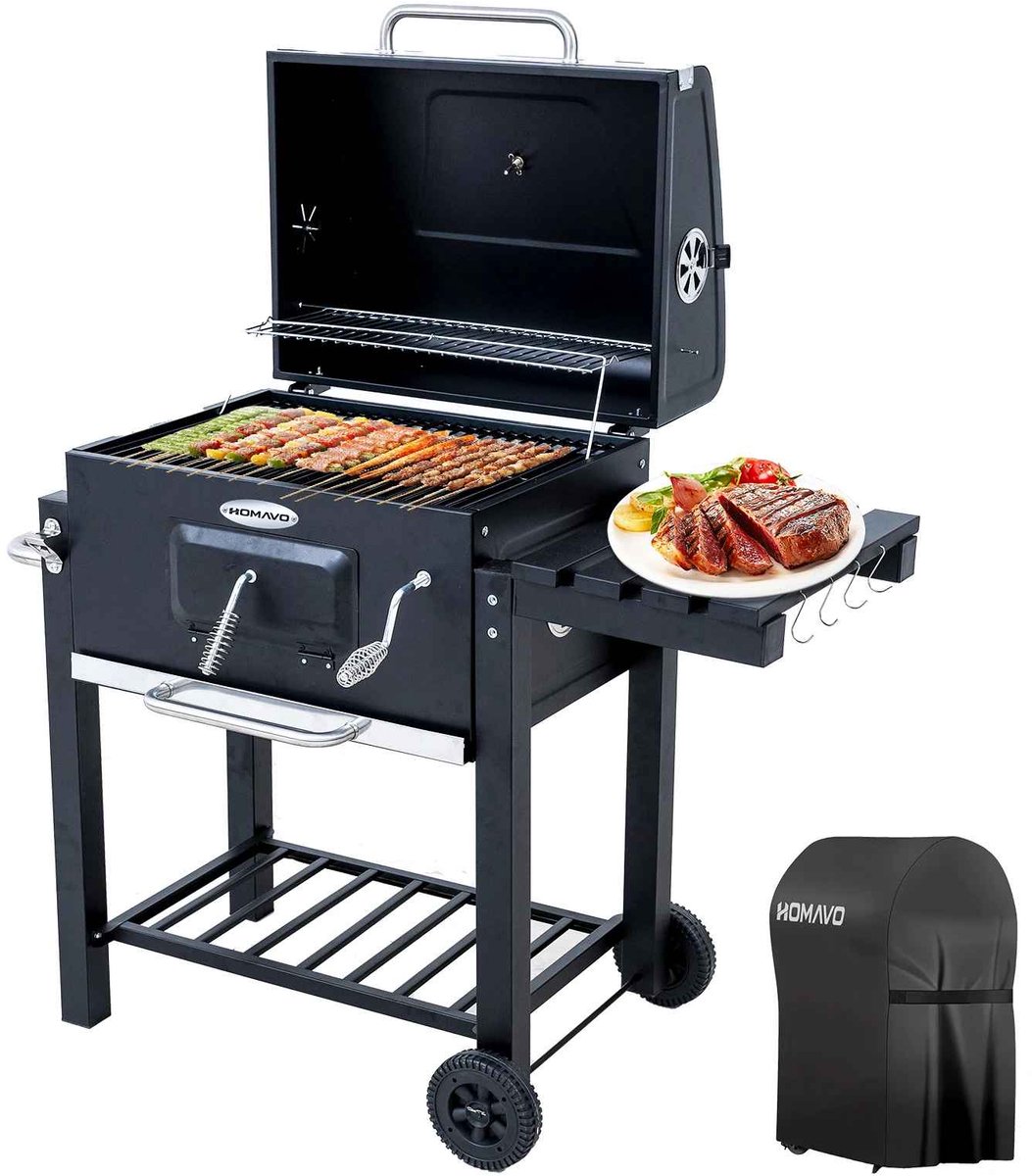 Casa Living Houtskool Barbecue - Verrijdbare Grill Met Deksel - Verstelbare Kolenbak - Zijtafel - Inclusief Regenhoes - Zwart