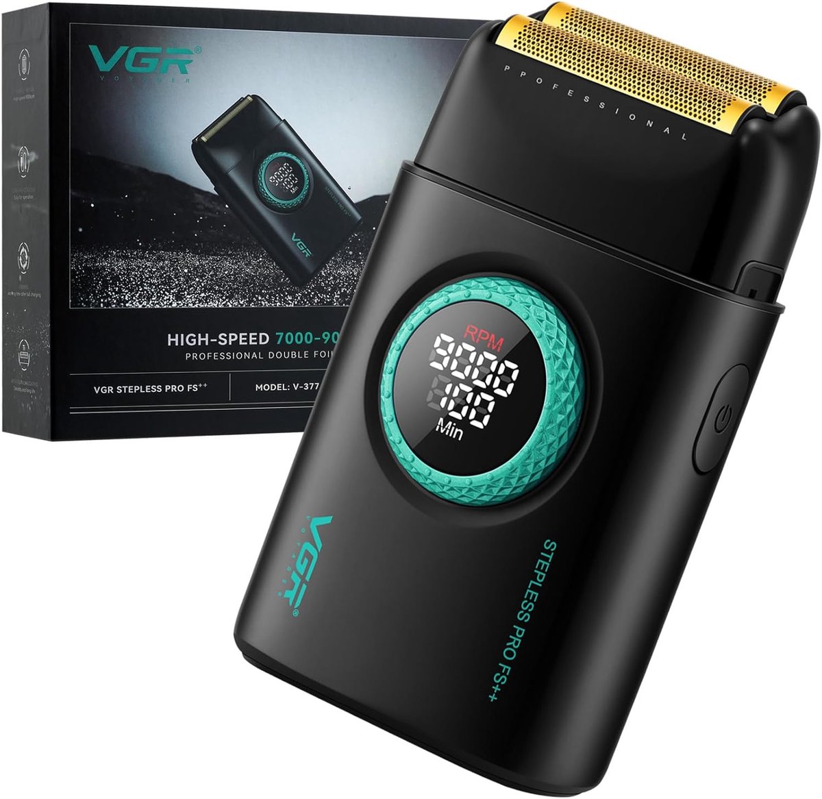 VGR V-377 Scheerapparaat Mannen – Professionele Double Foil Shaver – 21 Snelheden – 9000RPM – Titanium Scheerfolie – LED Display – USB-C Oplaadbaar – Zwart