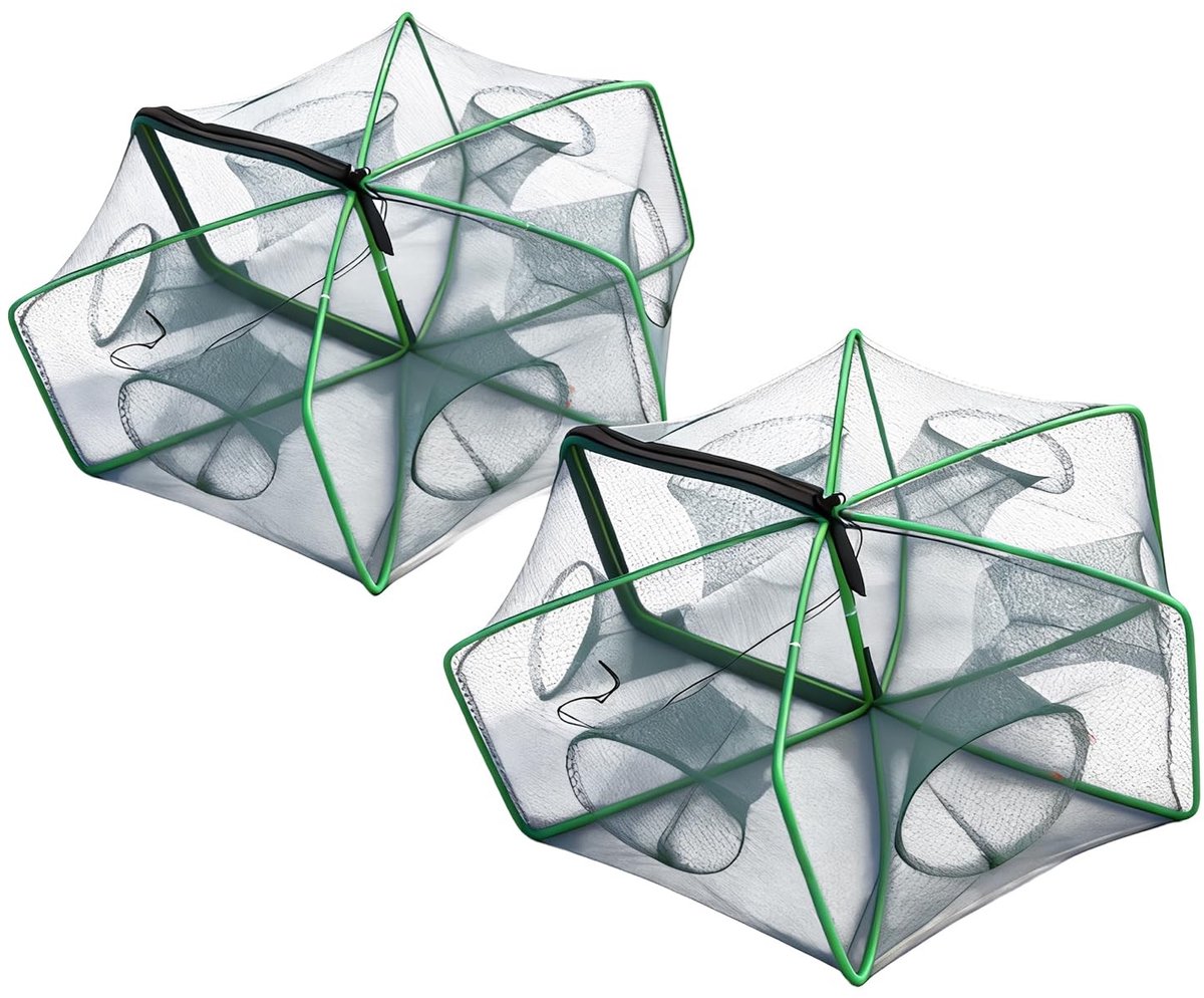 Dailygoods - 2 Stuks Visval met 6 Gaten - Opvouwbare Nylon Net voor Vissen, Kreeften en Garnalen