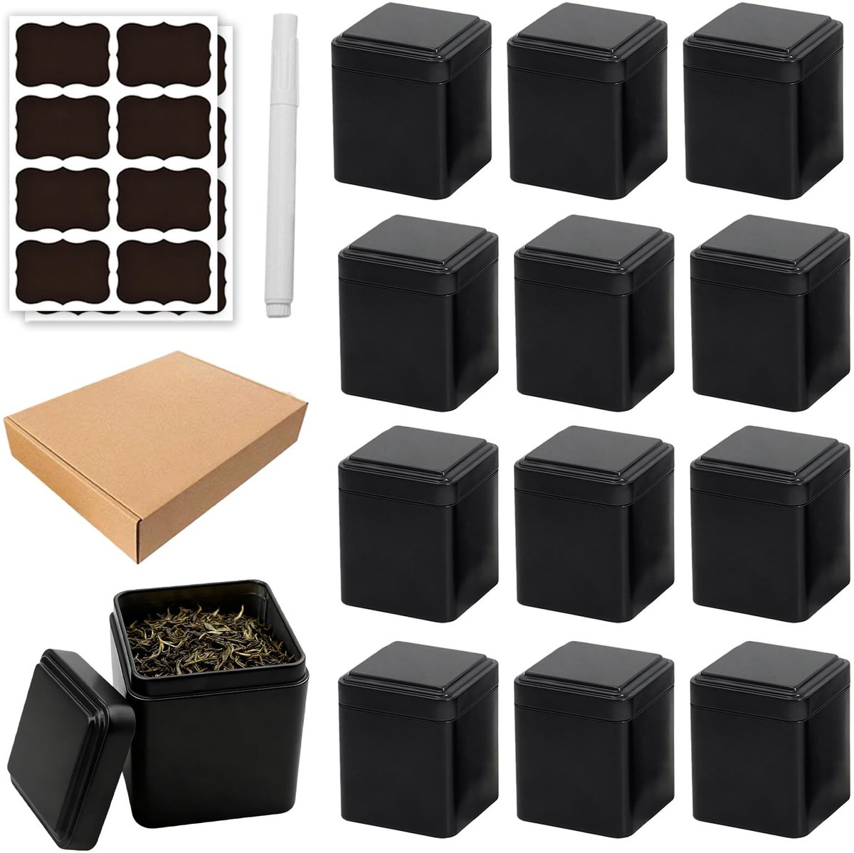 Dailygoods - Set van 12 Vierkante Theedozen - Inclusief Etiketten en Krijt