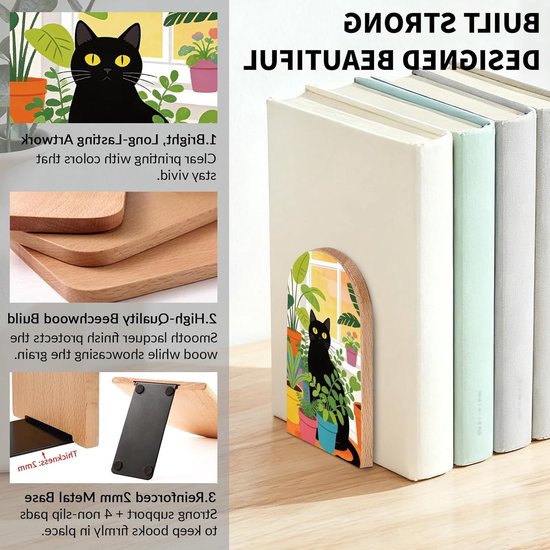 Moderne houten boekensteunen voor planken en bureau, decoratief en functioneel, 12,7 x 7,9 cm (1 paar) met potplant en kat — afbeelding 5