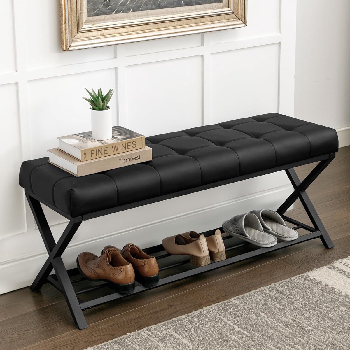 Schoenenbank met Zitvlak 113 x 38 x 46 cm – Gevoerde Halbank met Schoenenrek, Kunstleren Zitting en Metalen Frame – Zwarte Entreebank – Mobili Bella