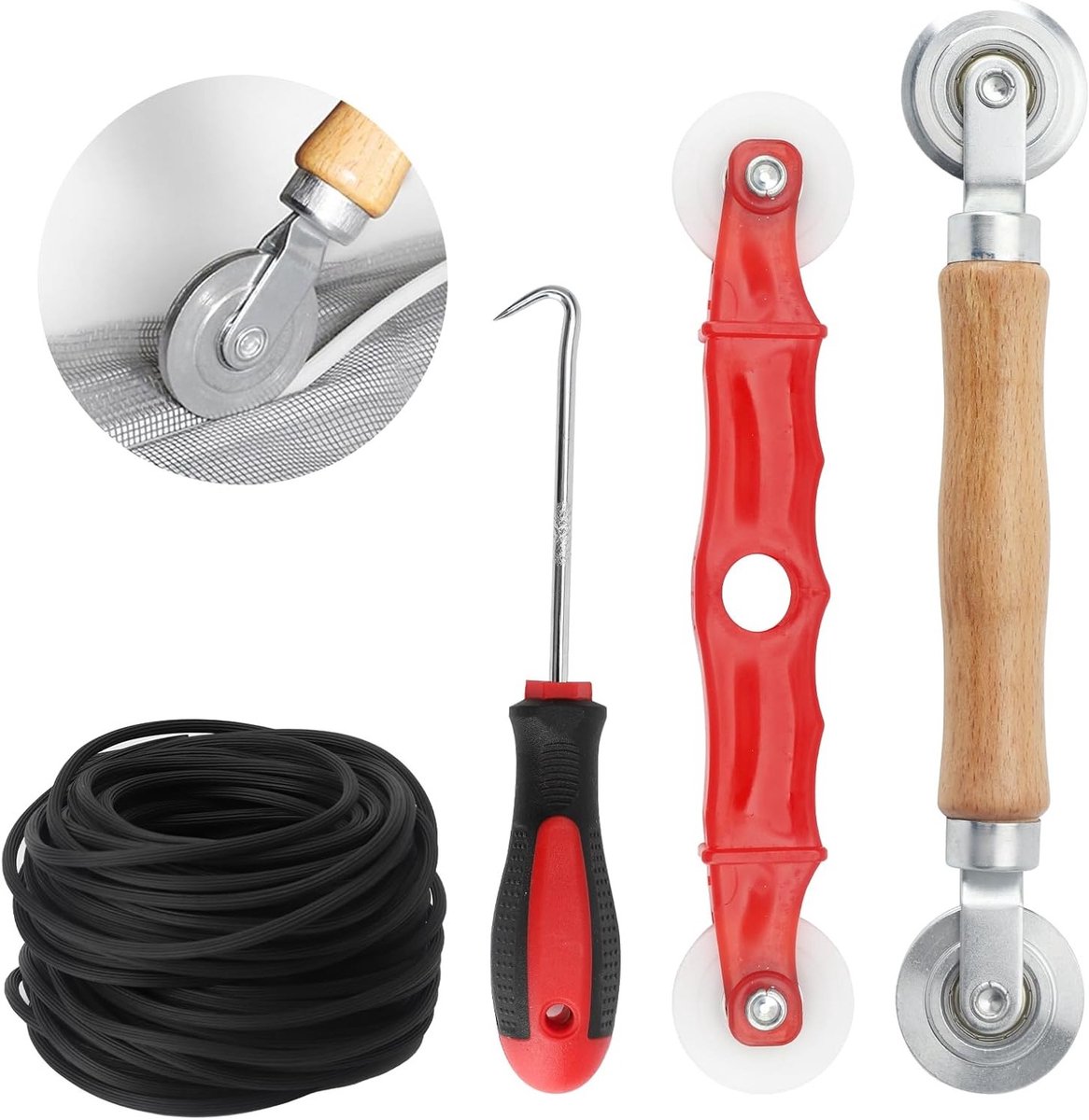 Gereedschap-intrekker voor vliegengaas, 4 stuks installatieaccessoires, insectenbescherming, reserveonderdelen en 20 m x 5 mm vliegengaas