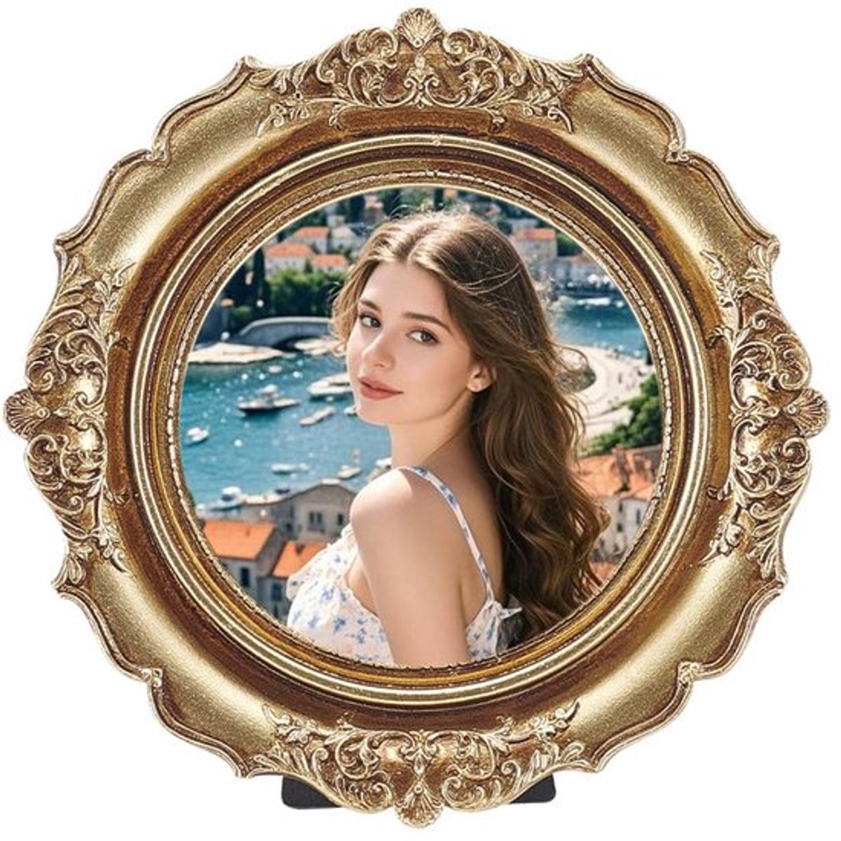 Ronde vintage fotolijst, gouden ronde fotolijststandaard, vintage Europese stijl fotolijst voor huis- en bureaudecoratie, 18,3 x 18,3 cm