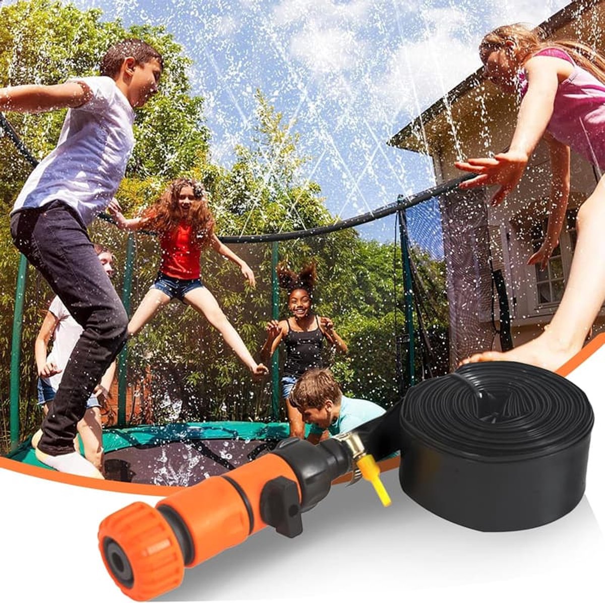 PE-watersproeislang - trampoline-watersproeier, 12 meter slang met adapter en 76 cm bevestigingsriemen - geschikt voor buitenspeelgoed