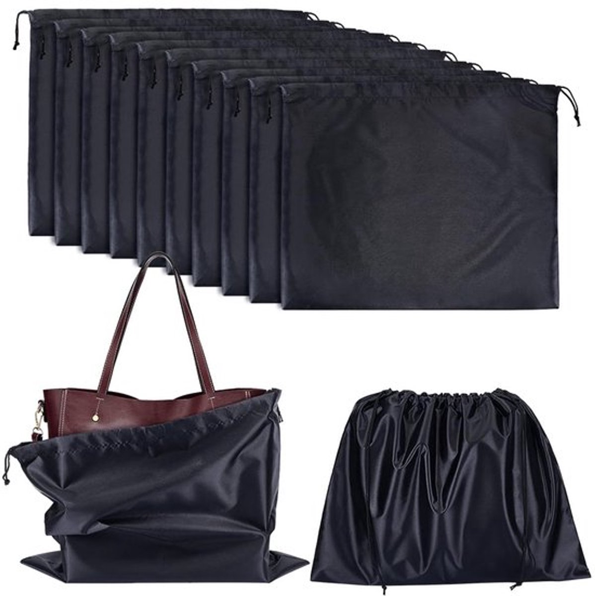 12 Stuks Dust Bags - Immitatiezijde Opbergzakken - Zwart 39.5x50cm - Touwsluiting