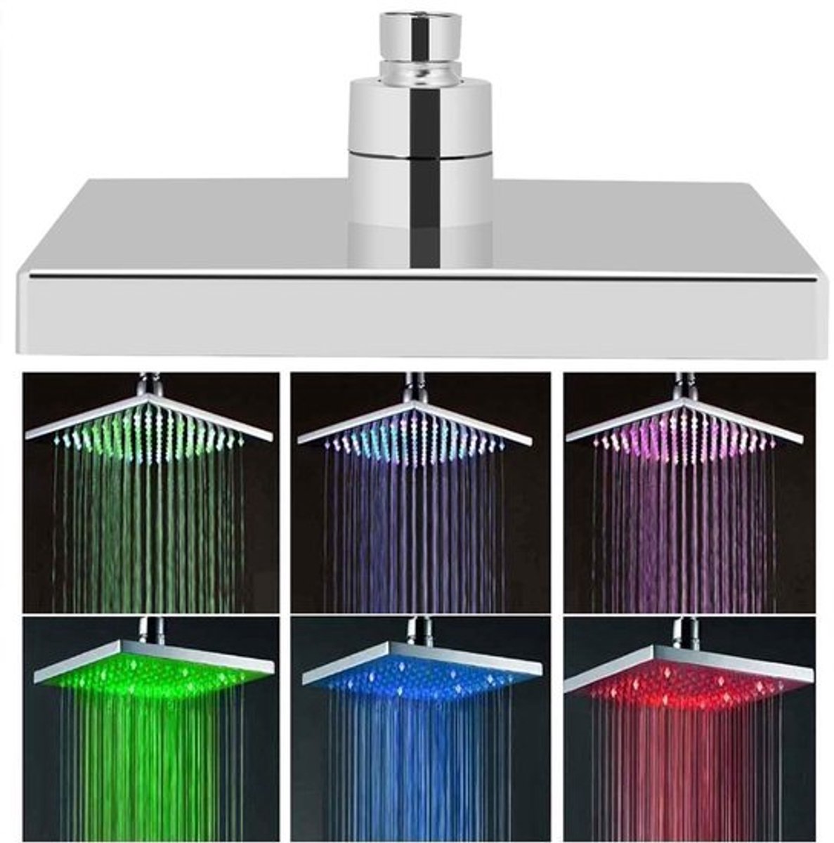 LED-douchekop, 7 kleuren veranderend romantisch licht, 8 inch vierkante chromen voorkant, regendouche, LED-douchekop met hoge druk, vaste douchekoppen voor thuisbadkamers
