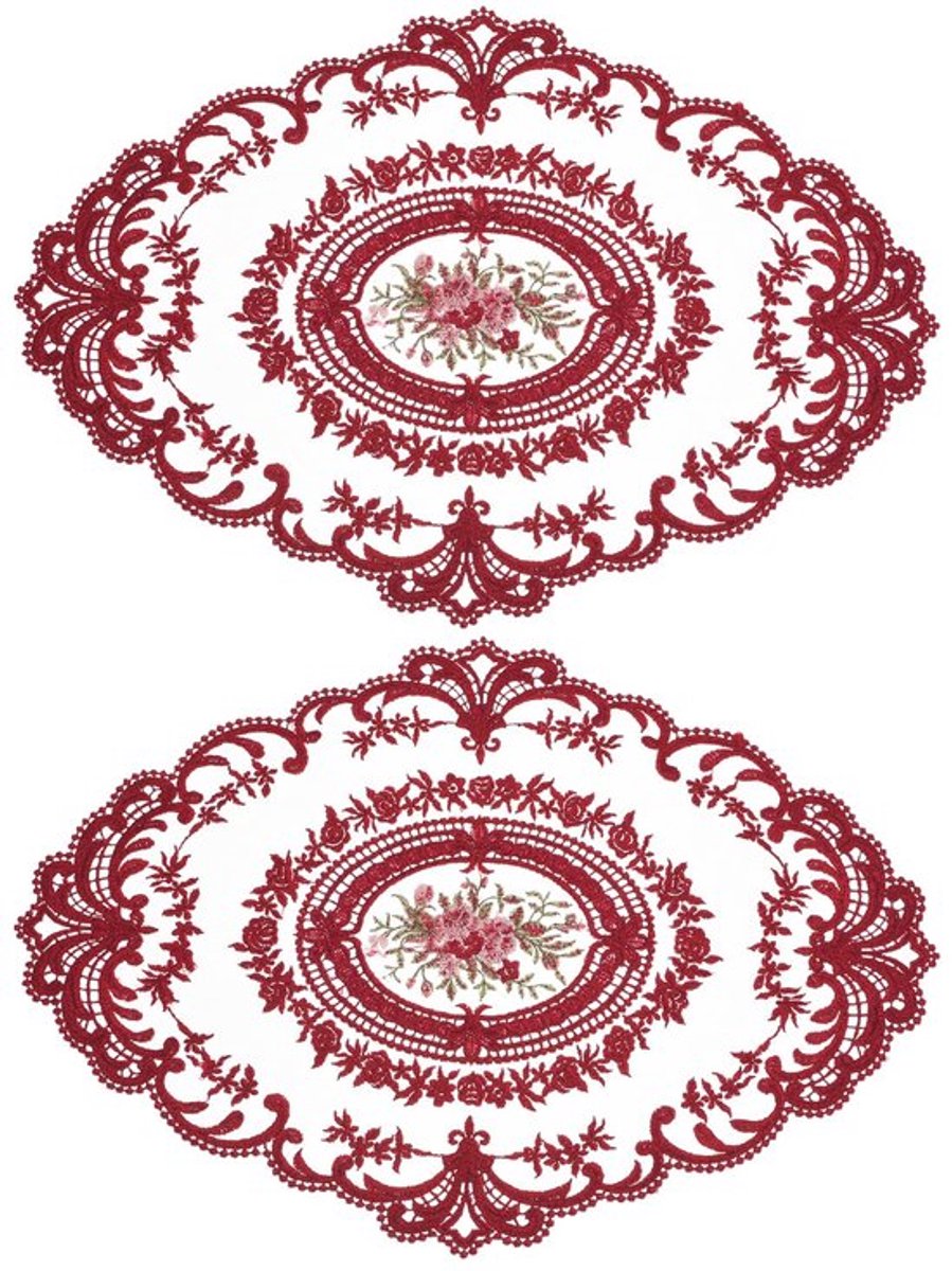 Set van 2 Retro Kant Tafelonderzetters Ovaal Geborduurd 30 x 40 cm Franse Tafelonderzetters met Haakjes Coasters voor Thuis en Bruiloften, Rood