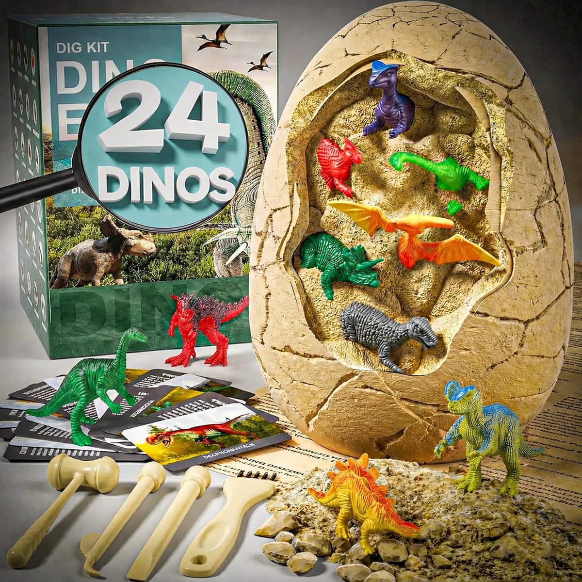 Lzwintrading - Opgravingsset met 24 Unieke Dinosaurussen - Jumbo Dino-ei Opgravingsset - Lnclusief Gereedschap en Leerkaarten - Als Cadeau voor Kinderen van 3 4 5 6 7 8 9 10 11 12 Jaar - Leuk voor Pasen of Verjaardagsfeestjes