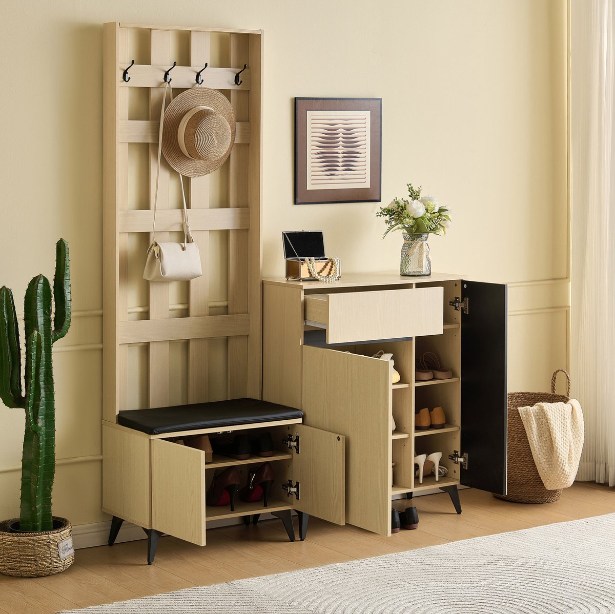 MODENUIT Halmeubel - Garderobe Met Zitbank En Lade - Voor Hal - MDF Houtkleur - 60x35x179,5 Cm