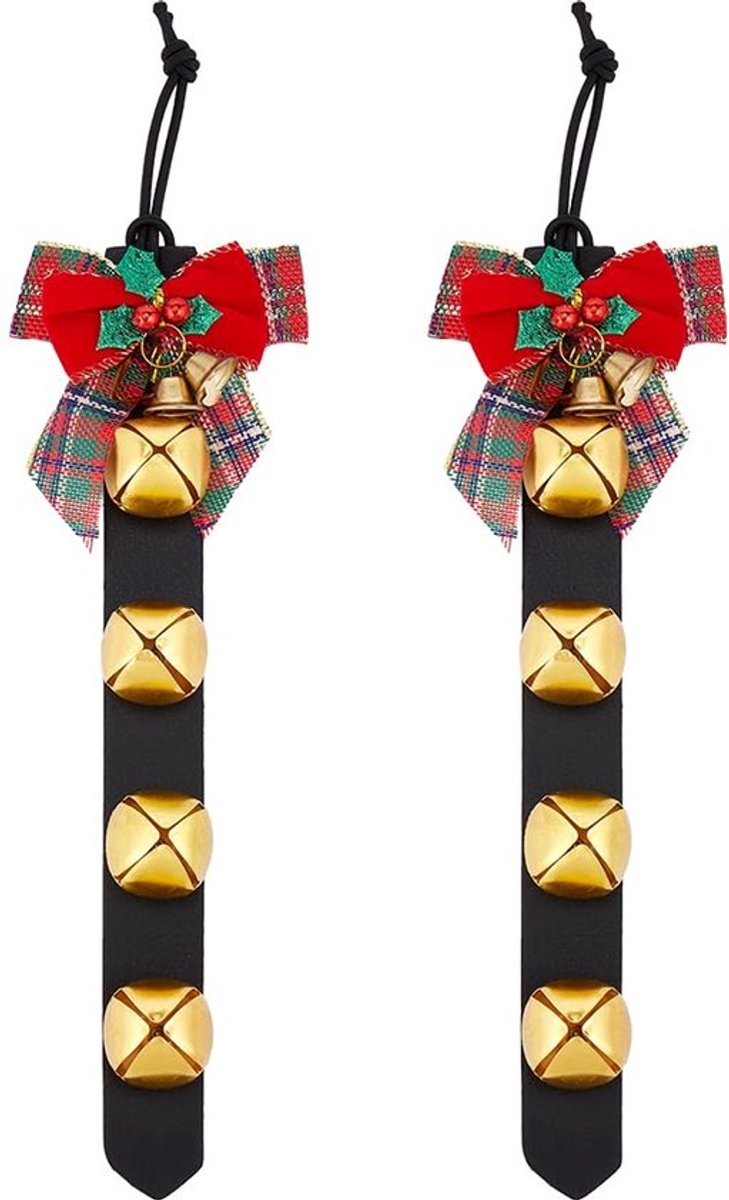 2 stuks kerstdeurknop hangende bellen 31 cm zwarte PU leren riem riem 4 gouden slee jingle bell welkom deurhanger retailers veiligheid hond training bellen voor vakantie huisdecoratie