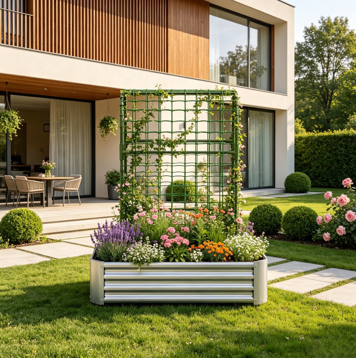 MIVRAY Moestuinbak Met Klimrek – Verhoogd Ontwerp Voor Groenten, Kruiden En Bloemen – 120 x 60 x 150 cm – Metaal – Zilver – Buiten Gebruik