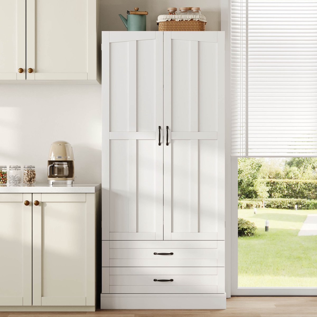 VVBV Buffetkast 80x37.5x180 cm - Opbergruimte, Glazen Deuren, 2 Lades, Met Planken - Wit, MDF