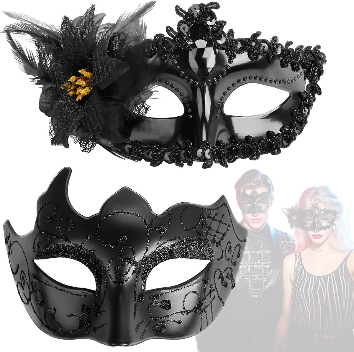 Venetiaanse maskers voor koppels - zwart - kant - sexy oogmasker voor carnaval - SnelShoppen