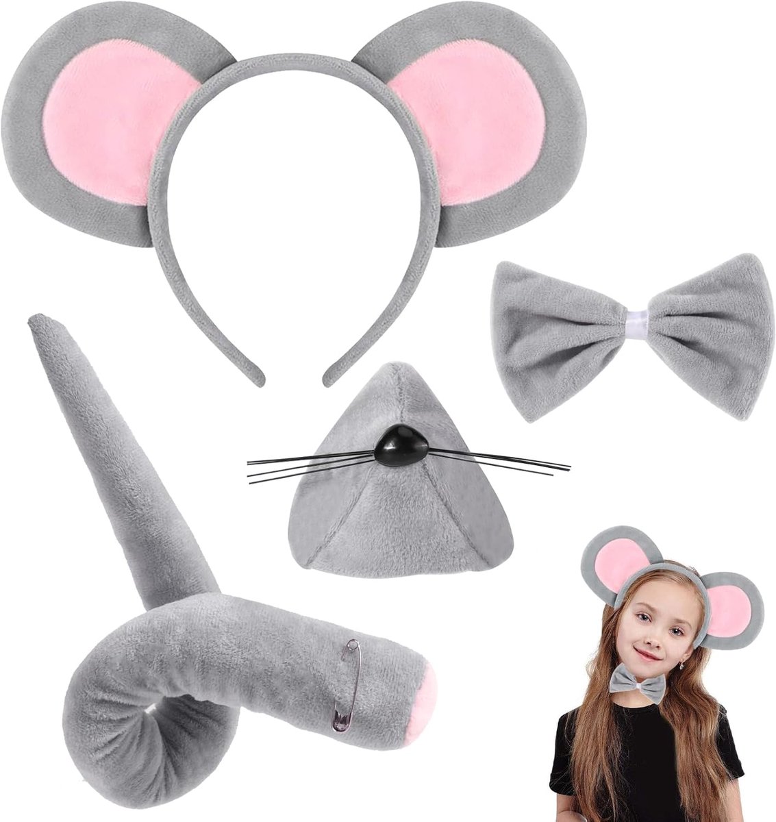 Muis kostuumset 4 delig - hoed, neus, strik en staart - voor volwassenen en kinderen - perfect voor Halloween - SnelShoppen