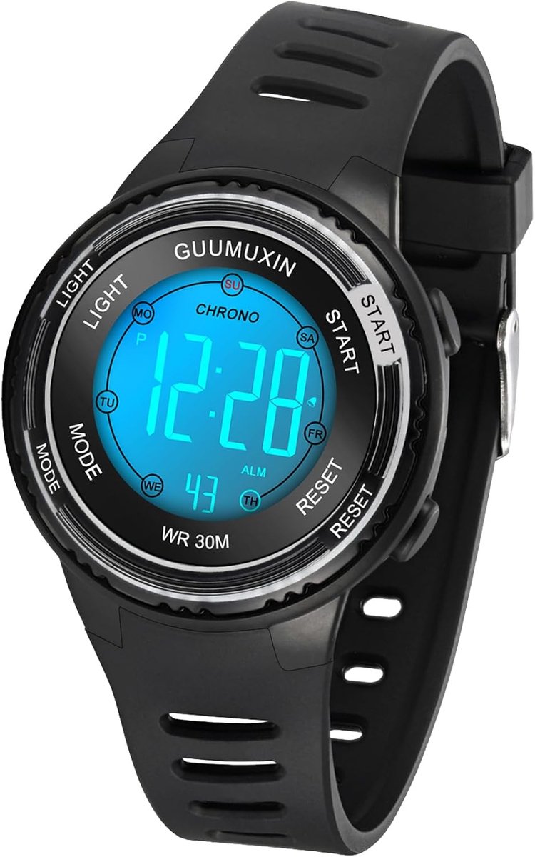 Kinderhorloge digitaal - sporthorloge met 7 kleuren indicatielicht - acryl horlogeglas - waterdicht tot 30 meter - SnelShoppen
