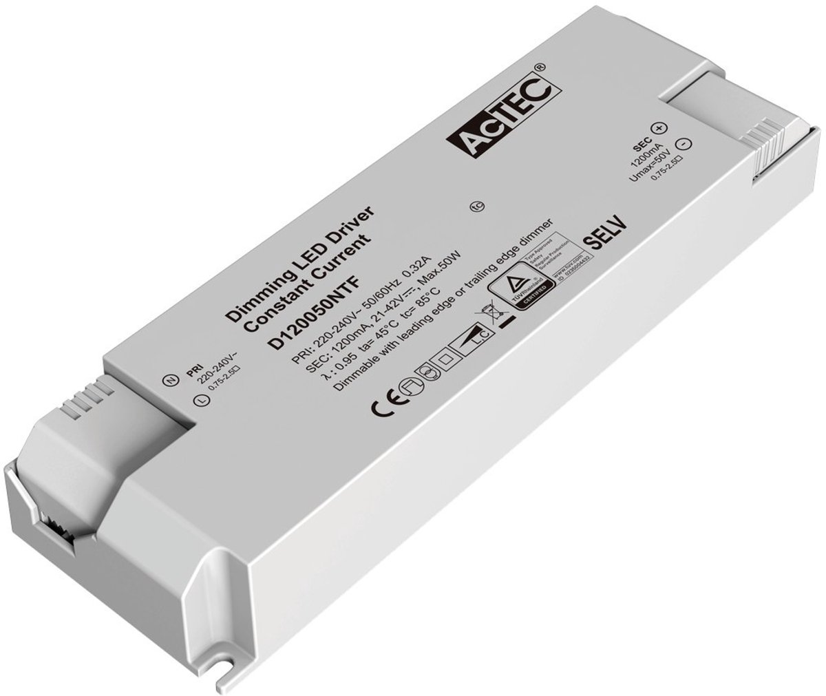 LED-driver, triac dimbaar, 50 Watt, 1200mA constante stroom, 220-240V, voor LED-strips en dimbare LED-verlichting