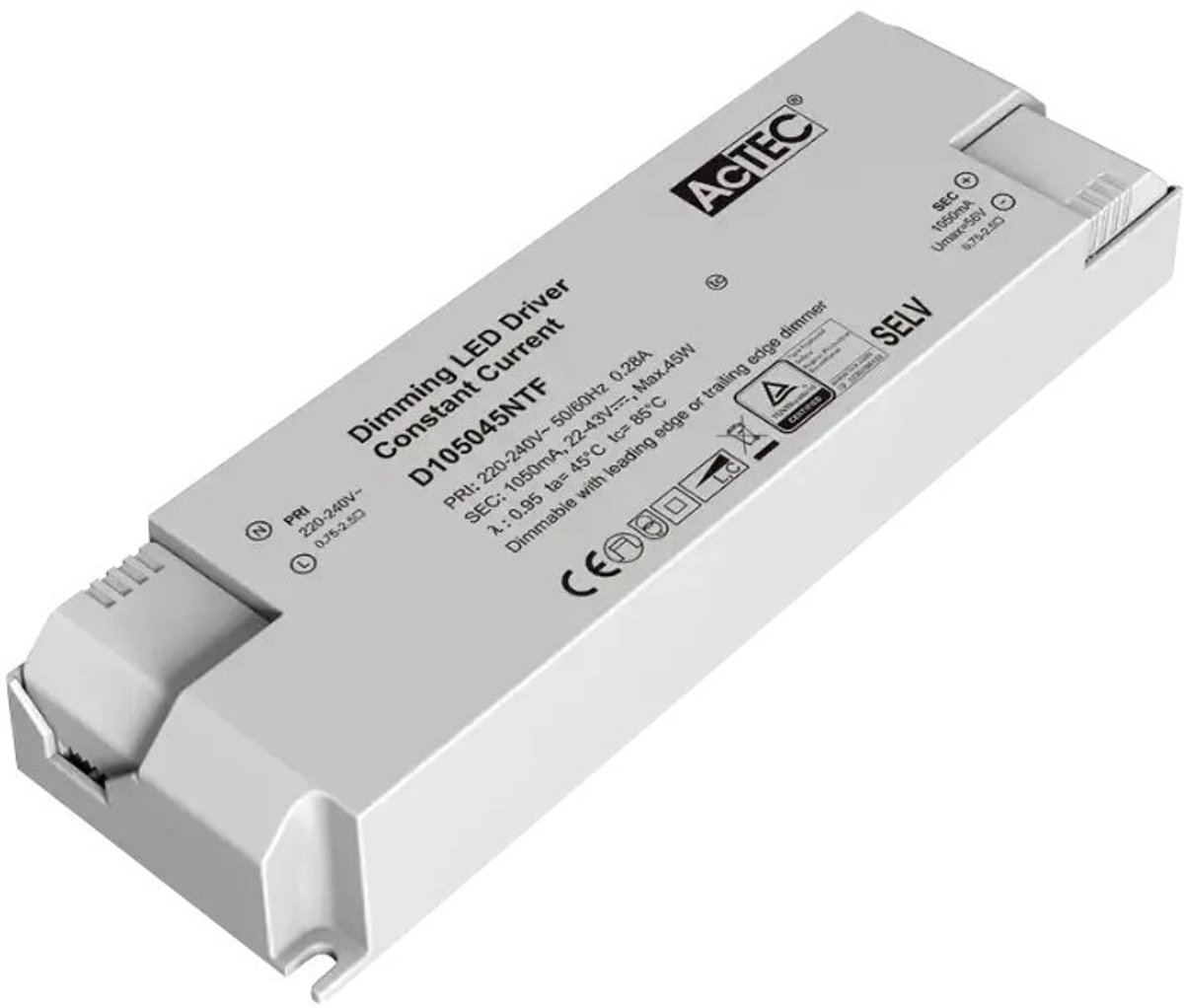 LED-driver 45 Watt, triac dimbaar, 1050mA constante stroom, 220-240V AC, voor dimbare LED-verlichting