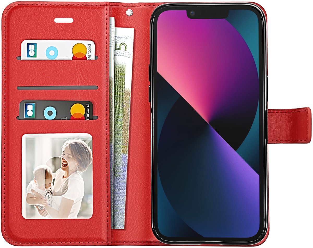 Mayaxess, Portemonnee Hoesje Geschikt voor Apple iPhone 13 met Polsbandje en Standaard, Rood