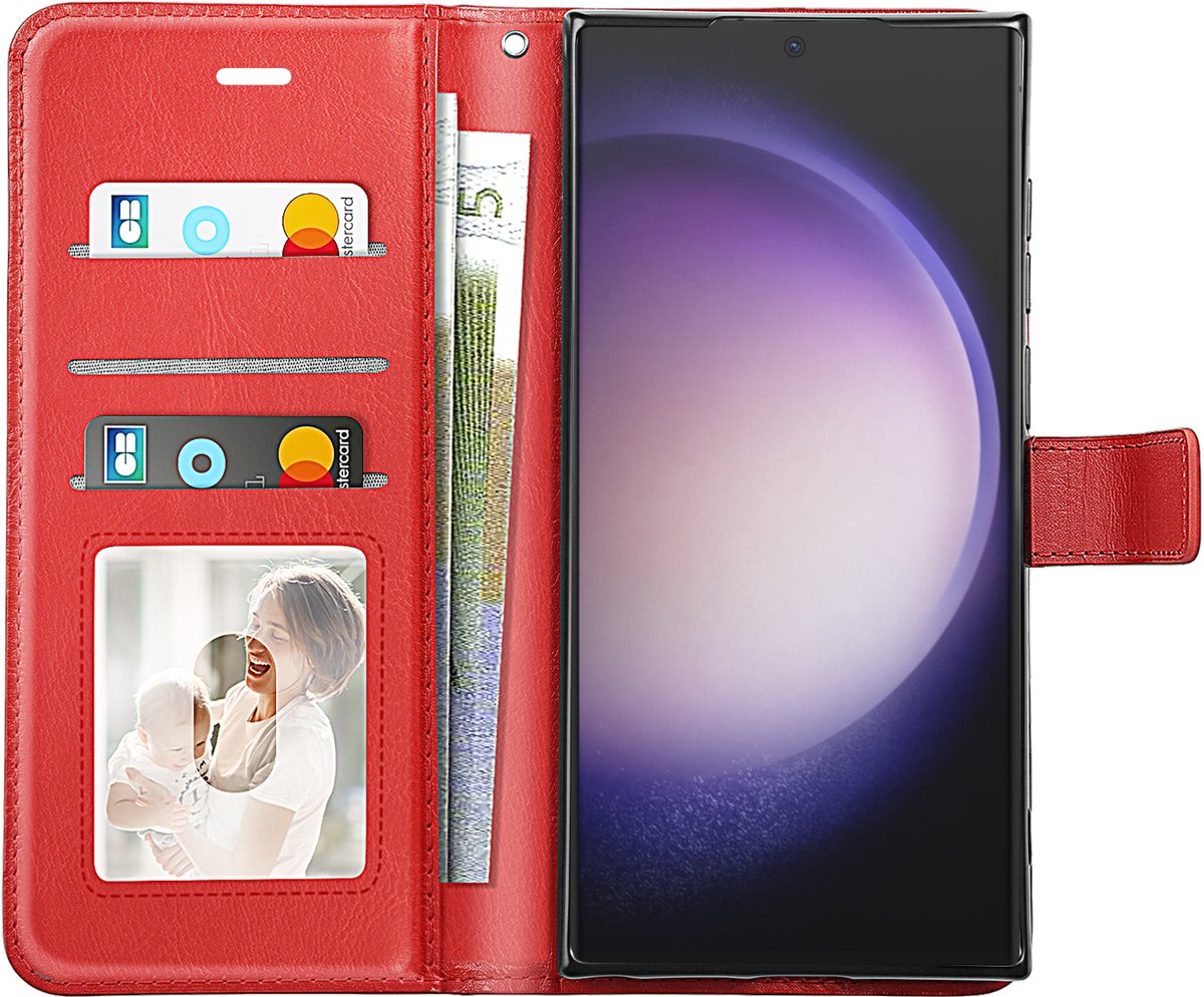Mayaxess, Portemonnee Hoesje Geschikt voor Samsung Galaxy S23 Ultra met Polsband & Standaard, Rood