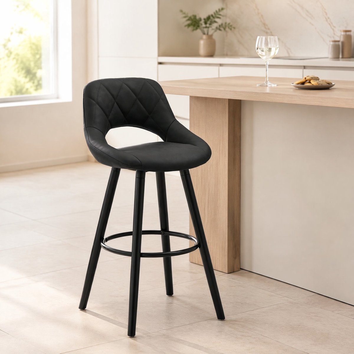 DESMIU Barkruk 91 Cm - Met Rugleuning En Voetsteun - Gestoffeerde Zitting - Voor Keuken, Bar En Café - Stof En Hout - Anthraciet