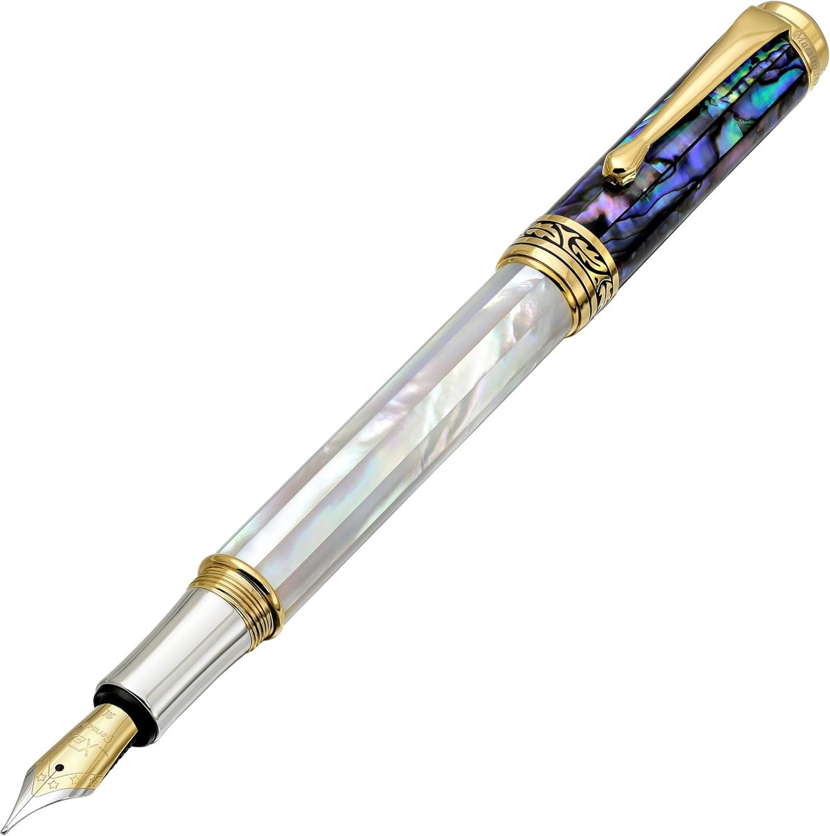 Vulpen medium nib - iriserend oceaanwit parelmoer en pāua schelp - 18-karaats goud en platina - uniek handgemaakt - ShopVlot