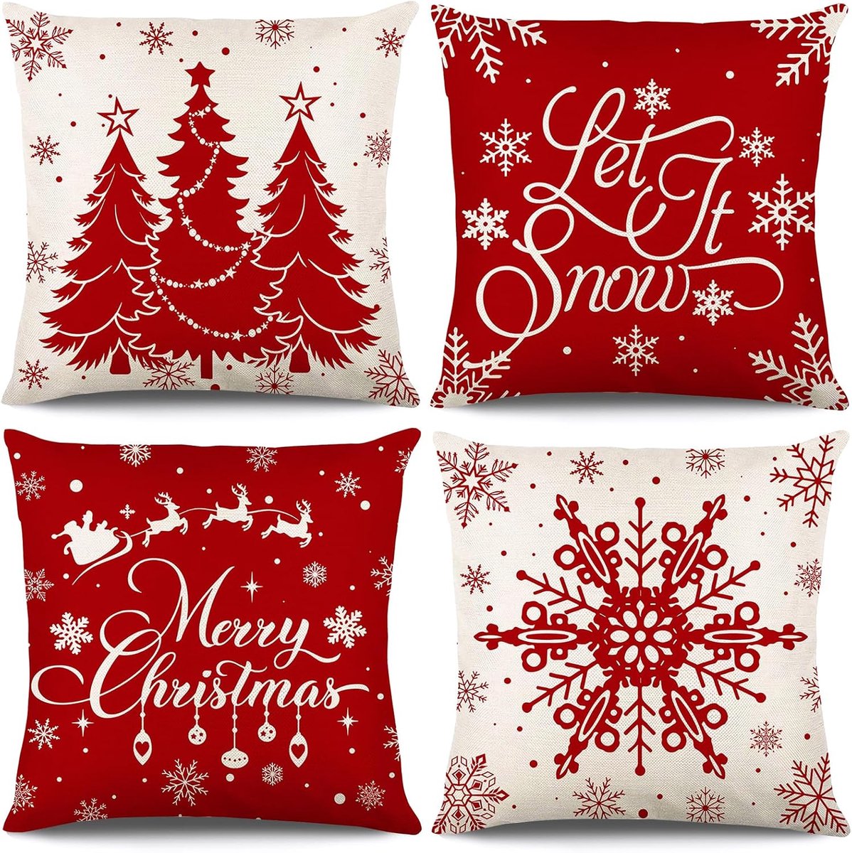 Cushion Covers 45 x 45 cm - Set van 4 - Kerstpatroon - Perfect voor sfeervolle kerstdecoratie - ShopVlot