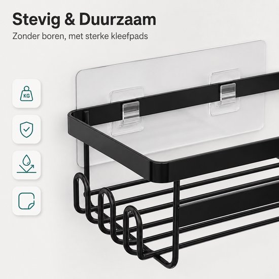 Zwarte douchehoekplank, met kleefpads bevestigd, ter illustratie van stevigheid en duurzaamheid.