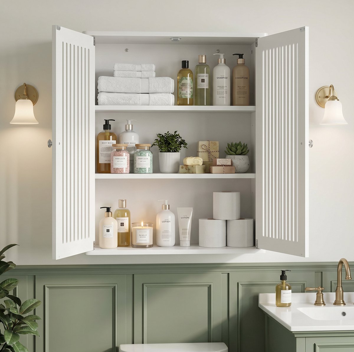 STILVORA Wandschrank - Badekamerschrank Met Dubbele Deur En Lamellenfront - Voor Badkamer, Balkon En Hal - MDF En Spaanplaat - Wit - 60x20x52 Cm
