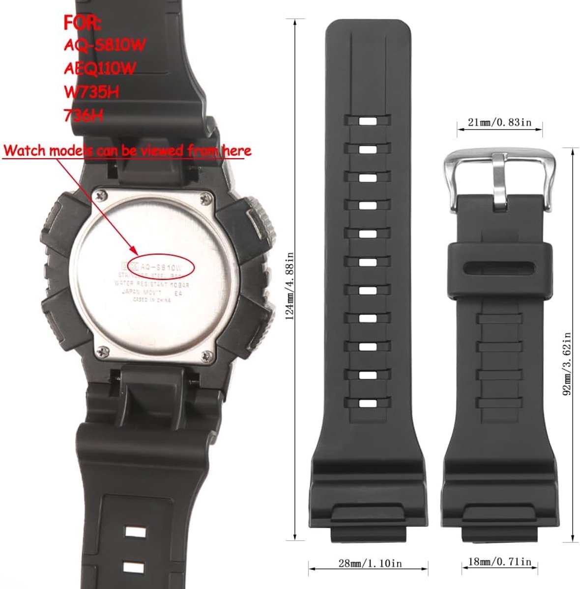 Horlogeband vervangend - resin band - metalen gesp - geschikt voor Casio AEQ110BW en meer - ShopVlot