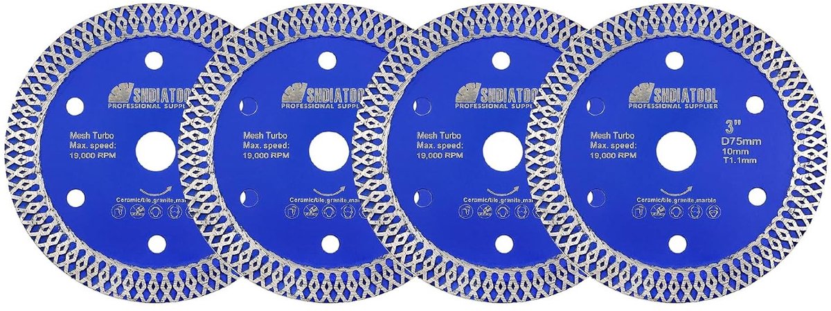 Diamantschijf 75 mm - Set van 4 - Geschikt voor keramiek, porselein en graniet - Perfect voor mini haakse slijper - ShopVlot