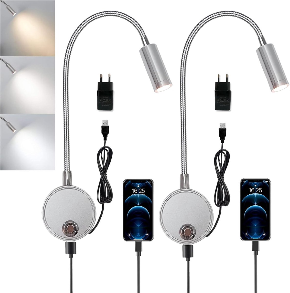 Wandlamp Dimbaar - Flexibele Gooseneck - LED Leestlamp met Touch Switch en USB Oplaadpunt - Ideaal voor Slaapkamer - ShopVlot