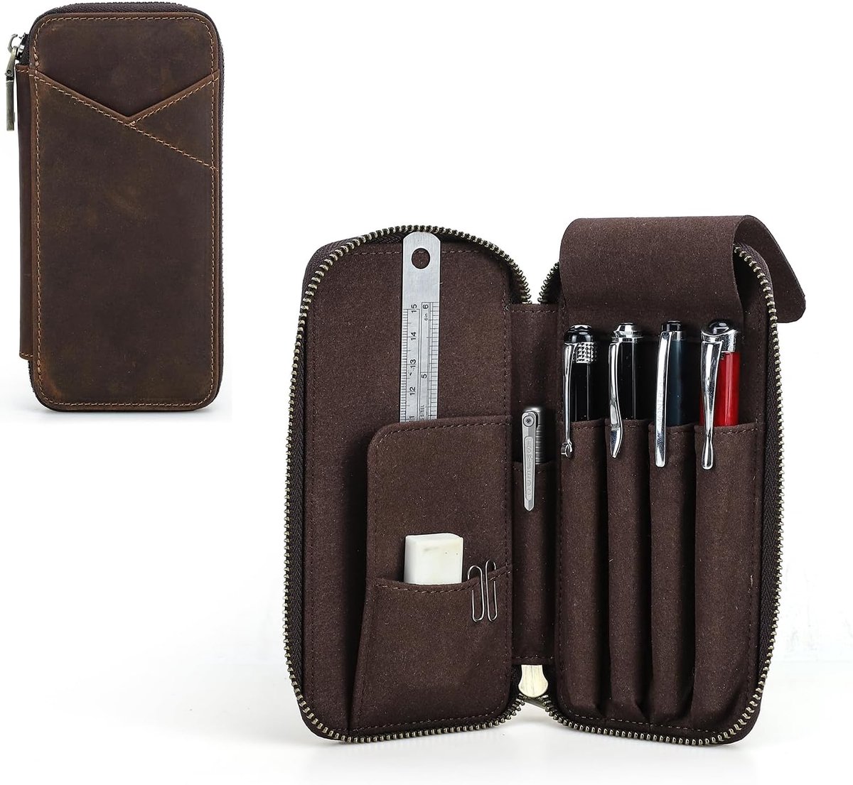Pennenetui leer - vintage rits - multifunctionele organizer - elegant design - ShopVlot
